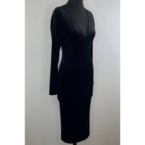 Good American Black Velvet Plunge V-Neck Long Sleeve Bodycon Midi Dress Sz 2 NEW - Picture 3 of 11